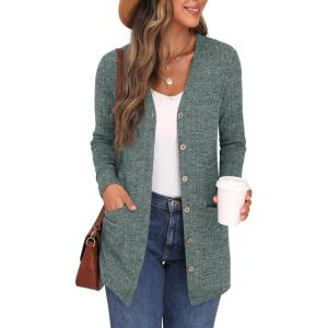 imageGRECERELLE Womens Long Sleeve Open Front Cardigan Button Down Ribbed Lightweight Knit Outerwear with PocketBlue Green