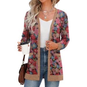 imageGRECERELLE Womens Long Sleeve Open Front Cardigan Button Down Ribbed Lightweight Knit Outerwear with PocketBrown Pink Flower