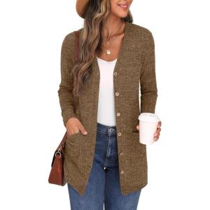 imageGRECERELLE Womens Long Sleeve Open Front Cardigan Button Down Ribbed Lightweight Knit Outerwear with PocketCaramel