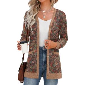 imageGRECERELLE Womens Long Sleeve Open Front Cardigan Button Down Ribbed Lightweight Knit Outerwear with PocketCashew Brown