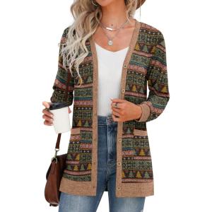 imageGRECERELLE Womens Long Sleeve Open Front Cardigan Button Down Ribbed Lightweight Knit Outerwear with PocketChristmas Tree Green