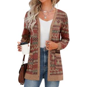 imageGRECERELLE Womens Long Sleeve Open Front Cardigan Button Down Ribbed Lightweight Knit Outerwear with PocketElk Red