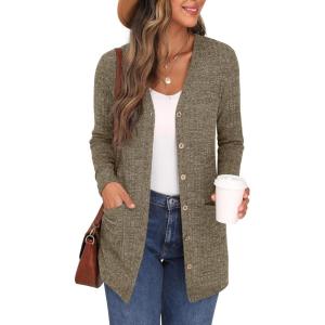 imageGRECERELLE Womens Long Sleeve Open Front Cardigan Button Down Ribbed Lightweight Knit Outerwear with PocketLight Brown