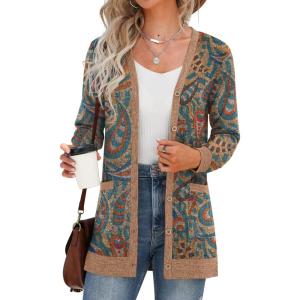 imageGRECERELLE Womens Long Sleeve Open Front Cardigan Button Down Ribbed Lightweight Knit Outerwear with PocketPaisley Blue