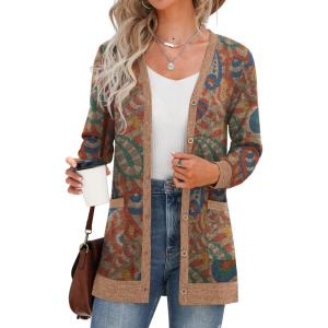 imageGRECERELLE Womens Long Sleeve Open Front Cardigan Button Down Ribbed Lightweight Knit Outerwear with PocketPaisley Red
