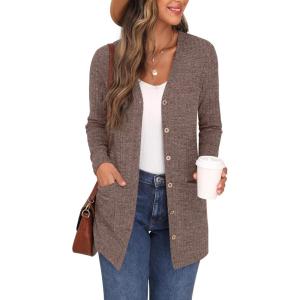 imageGRECERELLE Womens Long Sleeve Open Front Cardigan Button Down Ribbed Lightweight Knit Outerwear with PocketPink