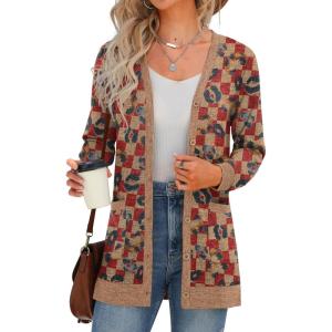 imageGRECERELLE Womens Long Sleeve Open Front Cardigan Button Down Ribbed Lightweight Knit Outerwear with PocketRed Pane Lips