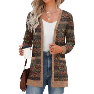 imageGRECERELLE Womens Long Sleeve Open Front Cardigan Button Down Ribbed Lightweight Knit Outerwear with PocketRound Flower Green