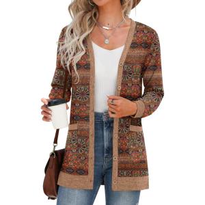 imageGRECERELLE Womens Long Sleeve Open Front Cardigan Button Down Ribbed Lightweight Knit Outerwear with PocketRound Flower Orange