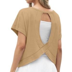 imageGRECERELLE Womens Open Back Workout Tops Backless Athletic Shirts Casual Crop Running Tee Y2k YogaKhaki