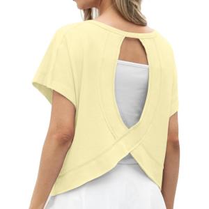 imageGRECERELLE Womens Open Back Workout Tops Backless Athletic Shirts Casual Crop Running Tee Y2k YogaLight Yellow