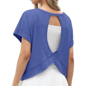imageGRECERELLE Womens Open Back Workout Tops Backless Athletic Shirts Casual Crop Running Tee Y2k YogaRoyal Blue