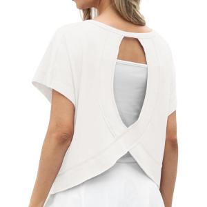 imageGRECERELLE Womens Open Back Workout Tops Backless Athletic Shirts Casual Crop Running Tee Y2k YogaWhite