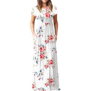 imageGRECERELLE Womens Short Sleeve Maxi Dresses Casual Long Dresses with PocketsFlowerwhite