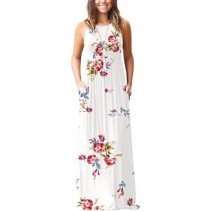 imageGRECERELLE Womens Sleeveless Racerback Maxi Dress Floral Print Casual Long Dresses with PocketsFlower White