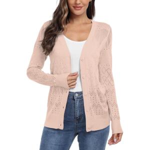 imageGRECERELLE Womens Summer Crochet Cardigans Long Sleeve Lightweight Casual Knit SweatersLight Pink