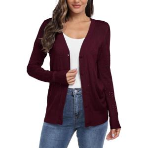 imageGRECERELLE Womens Summer Crochet Cardigans Long Sleeve Lightweight Casual Knit SweatersWine Red