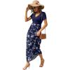 imageGRECERELLE Womens Long Maxi Dresses 2025 Short Sleeve V Neck Casual Summer Button Dress with PocketsBlue Small Flower