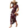 imageGRECERELLE Womens Long Maxi Dresses 2025 Short Sleeve V Neck Casual Summer Button Dress with PocketsFlower Lagerstroemia Wine