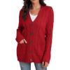 imageGRECERELLE Womens Long Sleeve Loose Knit Cable Open Front Button Down Cardigan Sweater Outerwear Coat with Pockets10red