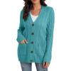 imageGRECERELLE Womens Long Sleeve Loose Knit Cable Open Front Button Down Cardigan Sweater Outerwear Coat with PocketsBlue Green