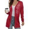 imageGRECERELLE Womens Lightweight Crochet Long Sleeve Loose Casual Open Front Cardigan Drape Sweaters Boho Summer Beach CoverupsRed