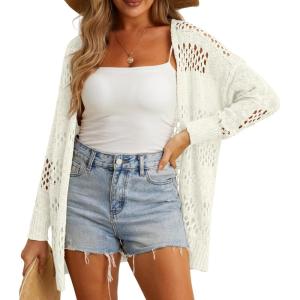 imageGRECERELLE 2025 Women Summer Crochet Boho Long Sleeve Lightweight Oversized Open Front Cardigan Sweaters Kimonos Tops01 White