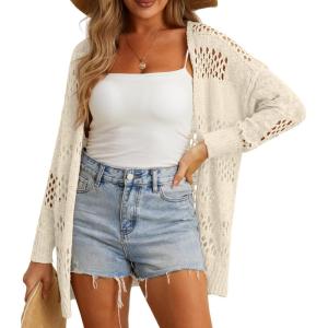 imageGRECERELLE 2025 Women Summer Crochet Boho Long Sleeve Lightweight Oversized Open Front Cardigan Sweaters Kimonos TopsBeige