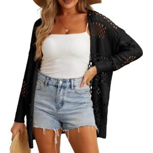 imageGRECERELLE 2025 Women Summer Crochet Boho Long Sleeve Lightweight Oversized Open Front Cardigan Sweaters Kimonos TopsBlack