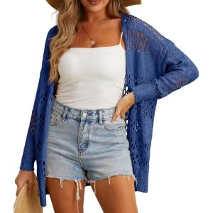 imageGRECERELLE 2025 Women Summer Crochet Boho Long Sleeve Lightweight Oversized Open Front Cardigan Sweaters Kimonos TopsBlue Gray