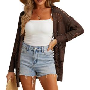 imageGRECERELLE 2025 Women Summer Crochet Boho Long Sleeve Lightweight Oversized Open Front Cardigan Sweaters Kimonos TopsCoffee