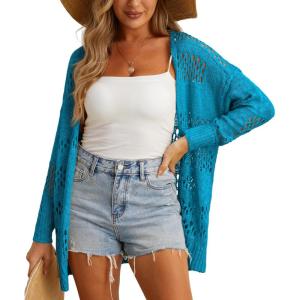 imageGRECERELLE 2025 Women Summer Crochet Boho Long Sleeve Lightweight Oversized Open Front Cardigan Sweaters Kimonos TopsCyan