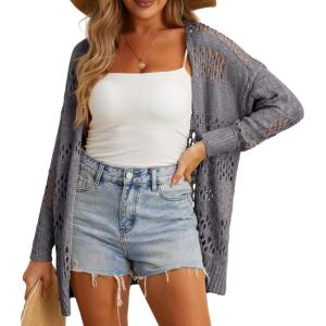imageGRECERELLE 2025 Women Summer Crochet Boho Long Sleeve Lightweight Oversized Open Front Cardigan Sweaters Kimonos TopsDark Gray