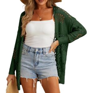 imageGRECERELLE 2025 Women Summer Crochet Boho Long Sleeve Lightweight Oversized Open Front Cardigan Sweaters Kimonos TopsDark Green