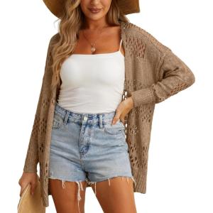 imageGRECERELLE 2025 Women Summer Crochet Boho Long Sleeve Lightweight Oversized Open Front Cardigan Sweaters Kimonos TopsDark Khaki