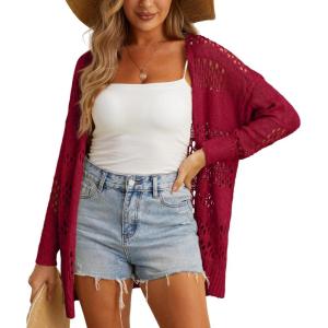 imageGRECERELLE 2025 Women Summer Crochet Boho Long Sleeve Lightweight Oversized Open Front Cardigan Sweaters Kimonos TopsJujube Red