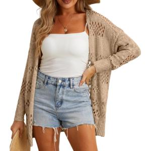 imageGRECERELLE 2025 Women Summer Crochet Boho Long Sleeve Lightweight Oversized Open Front Cardigan Sweaters Kimonos TopsKhaki