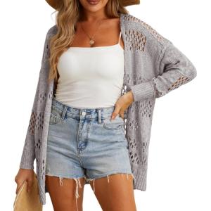 imageGRECERELLE 2025 Women Summer Crochet Boho Long Sleeve Lightweight Oversized Open Front Cardigan Sweaters Kimonos TopsLight Gray