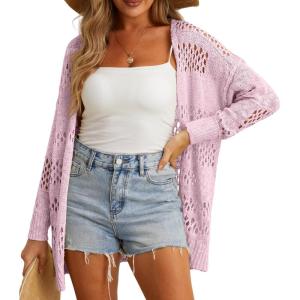 imageGRECERELLE 2025 Women Summer Crochet Boho Long Sleeve Lightweight Oversized Open Front Cardigan Sweaters Kimonos TopsLight Purple