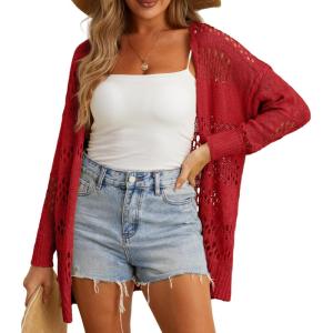 imageGRECERELLE 2025 Women Summer Crochet Boho Long Sleeve Lightweight Oversized Open Front Cardigan Sweaters Kimonos TopsRed