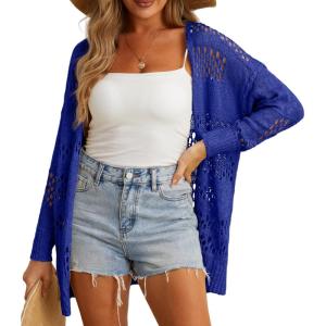 imageGRECERELLE 2025 Women Summer Crochet Boho Long Sleeve Lightweight Oversized Open Front Cardigan Sweaters Kimonos TopsRoyal Blue