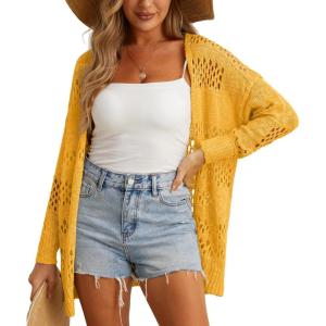 imageGRECERELLE 2025 Women Summer Crochet Boho Long Sleeve Lightweight Oversized Open Front Cardigan Sweaters Kimonos TopsYellow