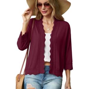 imageGRECERELLE Womens 34 Sleeve Summer Lightweight Knit Cropped Shrugs Cardigan SweaterBurgundy