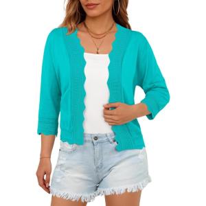 imageGRECERELLE Womens 34 Sleeve Summer Lightweight Knit Cropped Shrugs Cardigan SweaterCyan