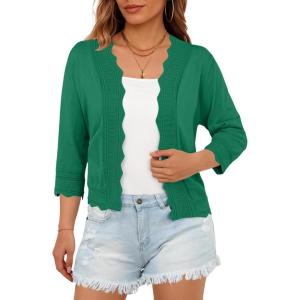imageGRECERELLE Womens 34 Sleeve Summer Lightweight Knit Cropped Shrugs Cardigan SweaterDark Green