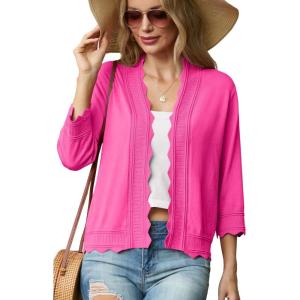 imageGRECERELLE Womens 34 Sleeve Summer Lightweight Knit Cropped Shrugs Cardigan SweaterHot Pink