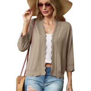 imageGRECERELLE Womens 34 Sleeve Summer Lightweight Knit Cropped Shrugs Cardigan SweaterKhaki