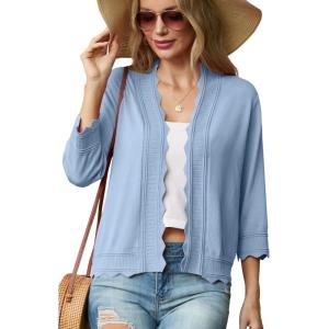 imageGRECERELLE Womens 34 Sleeve Summer Lightweight Knit Cropped Shrugs Cardigan SweaterLight Blue