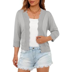 imageGRECERELLE Womens 34 Sleeve Summer Lightweight Knit Cropped Shrugs Cardigan SweaterLight Gray