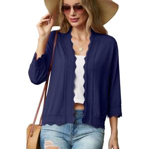 imageGRECERELLE Womens 34 Sleeve Summer Lightweight Knit Cropped Shrugs Cardigan SweaterNavy Blue